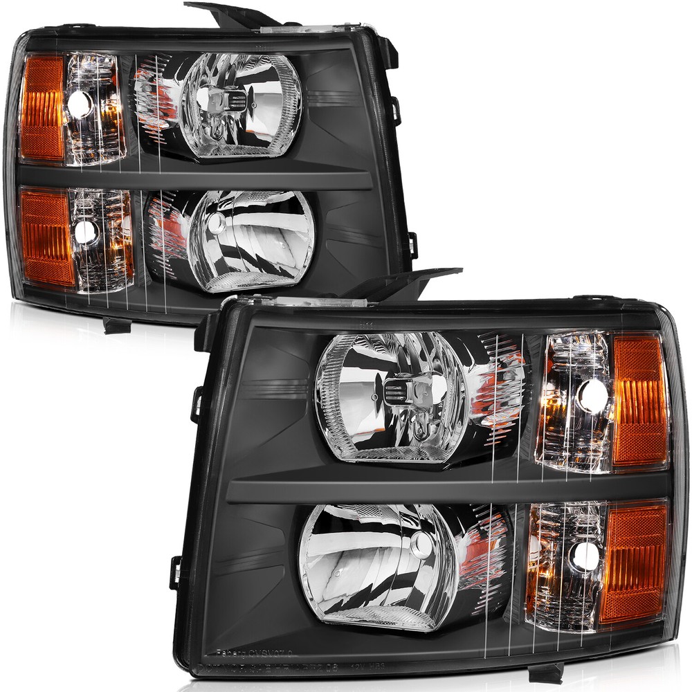 For 2007-2014 Chevy Silverado Black Housing Headlights Assembly LH RH Lamps Pair