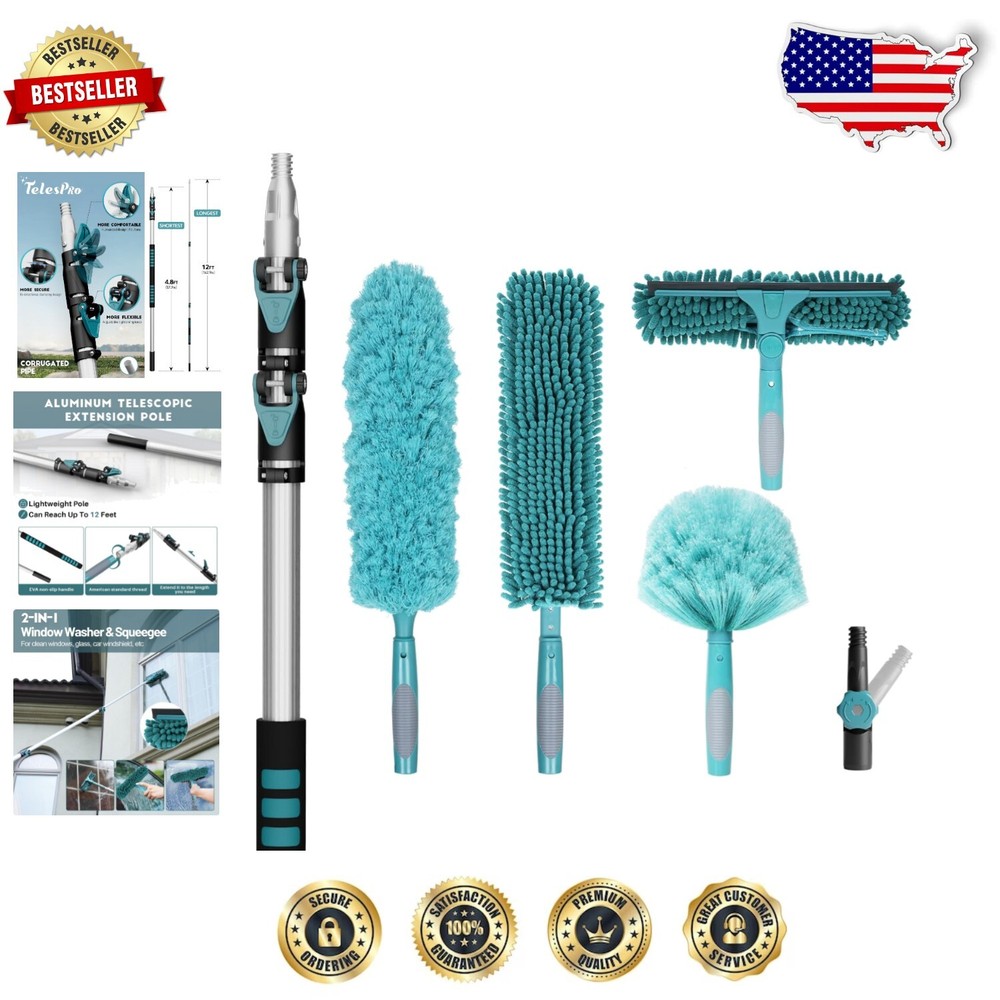 20FT Extendable Duster Set with Cobweb Brush Fan Duster and Window Cleaner