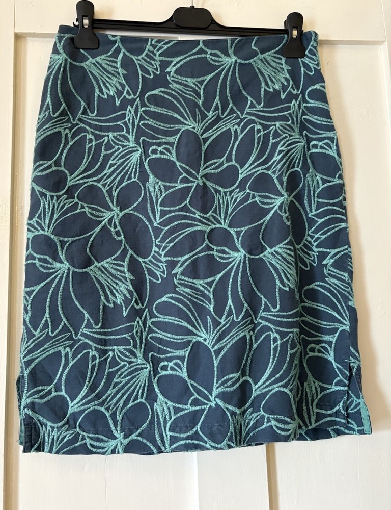 Teal Embroidered Linen Blend Pencil Skirt UK8 L23 Fully Lined