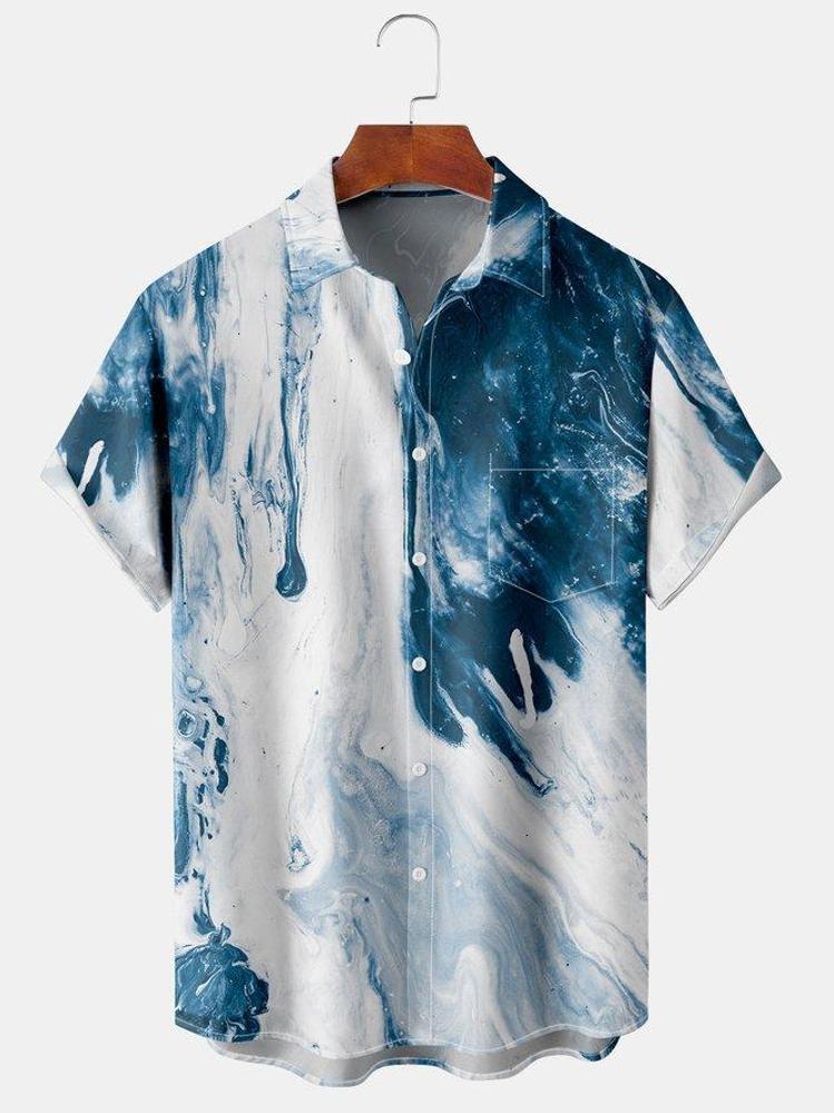 Menx27s Oil Painting Line Series Printing Casual Breathable Hawaiian Short Sleev