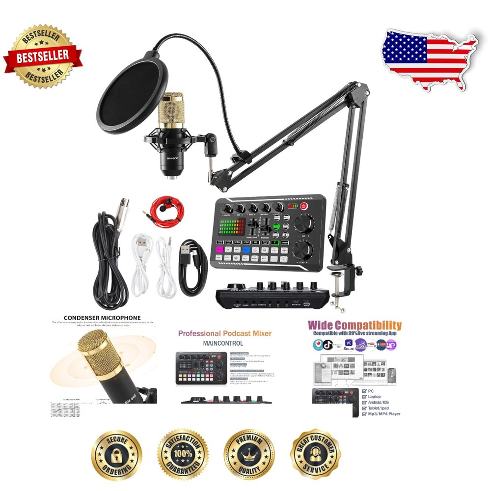 Professional Podcast Equipment Bundle - BM-800 Mic, Audio Mixer & Accessories