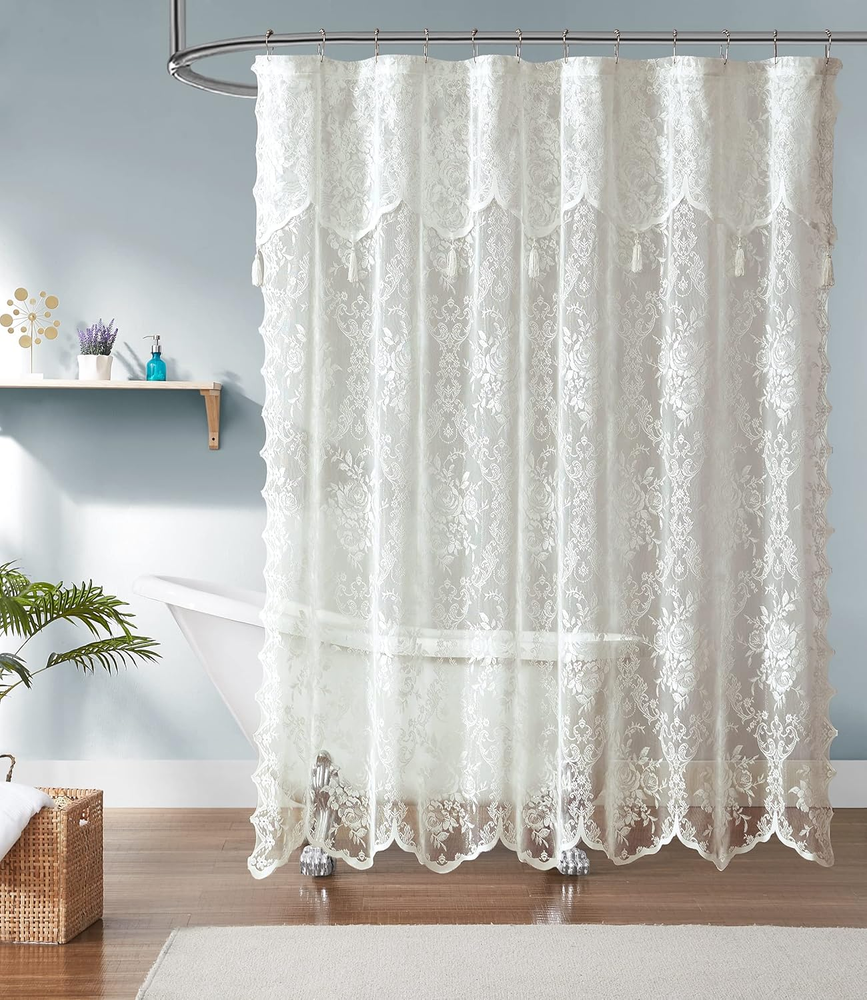 Ivory Lace Shower Curtain 72 X 84 Inches with Attached Valance & 7 Tassels. Luxu