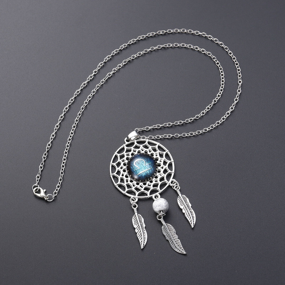 Dream Catcher Necklace Women Retro Bohemia Zodiac Sign Pendant Dangling Feather