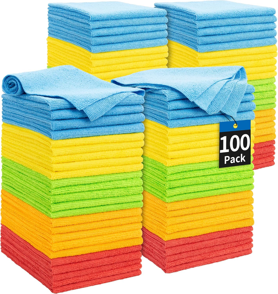 100-Pack Absorbent Microfiber Cleaning Cloths - Bulk Cleaning Rags for Home & Car