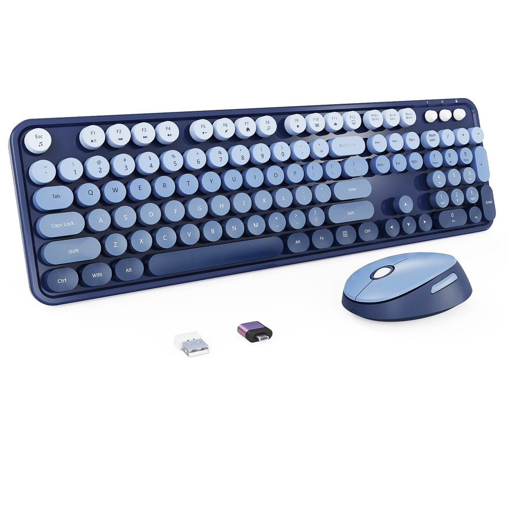 Wireless Keyboard and Mouse Combo, Retro Typewriter Keyboard with Round Keyca...
