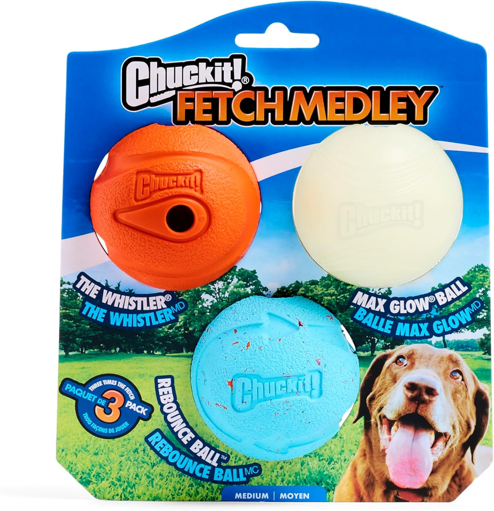 Gen 1 Fetch Medley Dog Balls - Whistler; Max Glow Ball and High-Bounce Rebounce