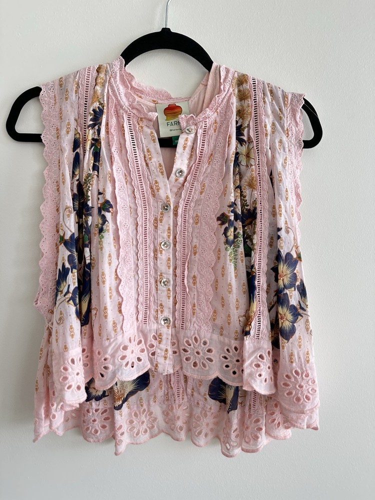 Farm Rio Pink Dream Garden Floral Eyelet Blouse Top Boho Button Front XS