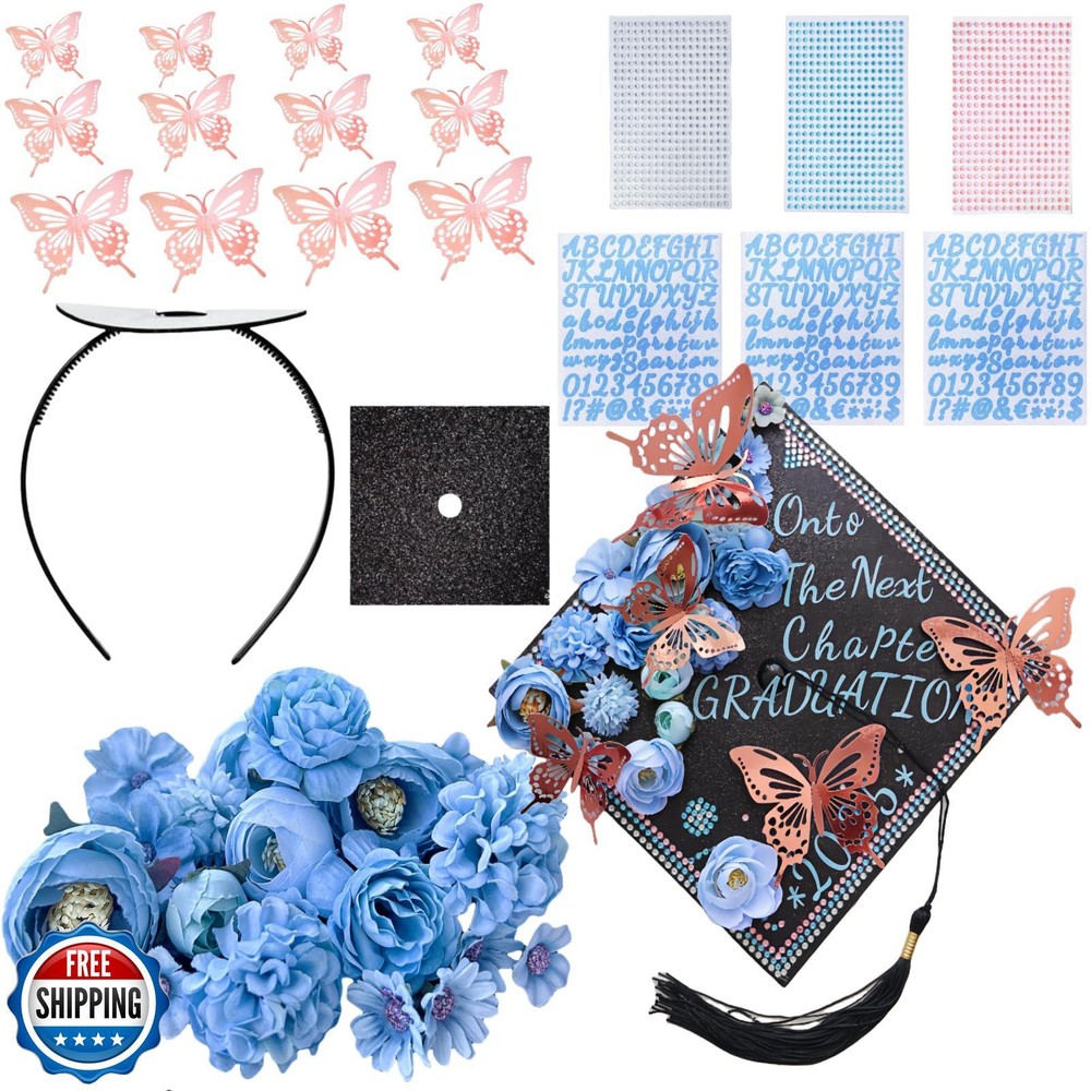42 Pcs Graduation Cap Decorations Kit with Glitter Letters & Stickers for Grad Party