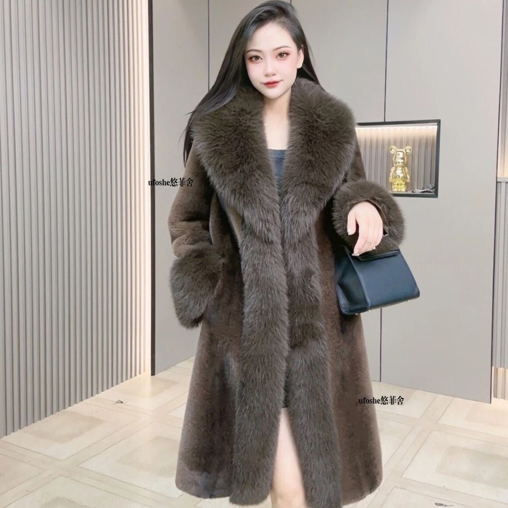 2024 Women's Long Mink Fur Coat with Fox Fur Collar Luxury Winter Fashion