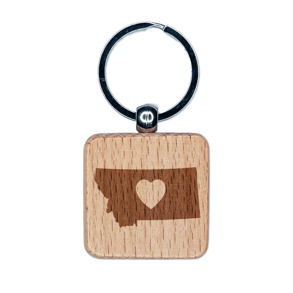Montana State Wooden Keychain with Heart Engraving Charm