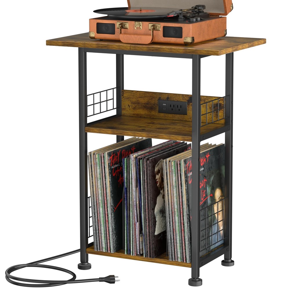Record Player Stand - 3 Tier End Table with Charging Station, Turntable Stand fo
