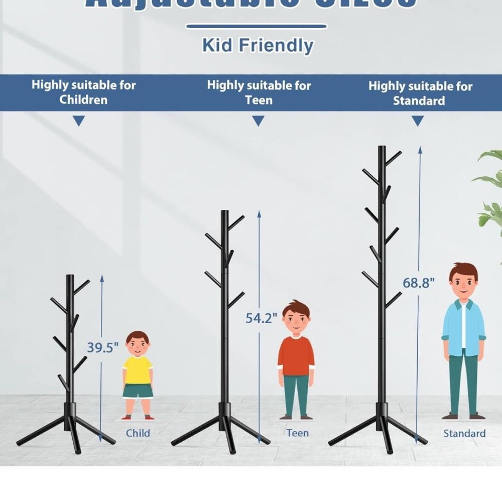 Free-standing wooden tree coat rack with 8 hooks for hats and clothes