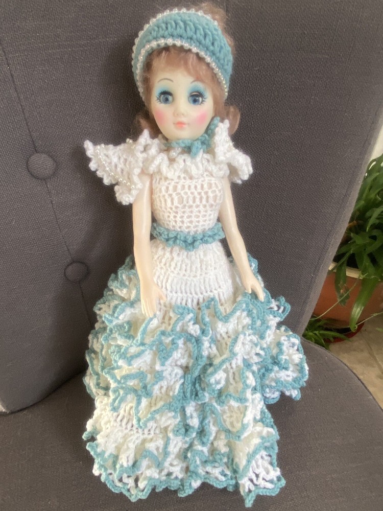 Vintage Doll Handmade Crochet Ruffle Dress Crazy 1970’s Blue Eyeshadow