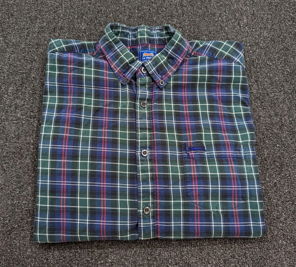Le Tigre Mens Heavy Cotton Green Plaid Long Sleeve Button Down Shirt Size L