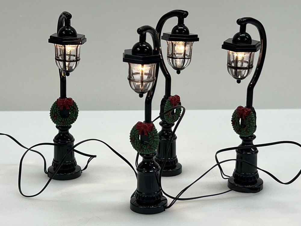 Set of 4 St Nicholas Square Lamp Post Christmas Village Lighted Accessory
