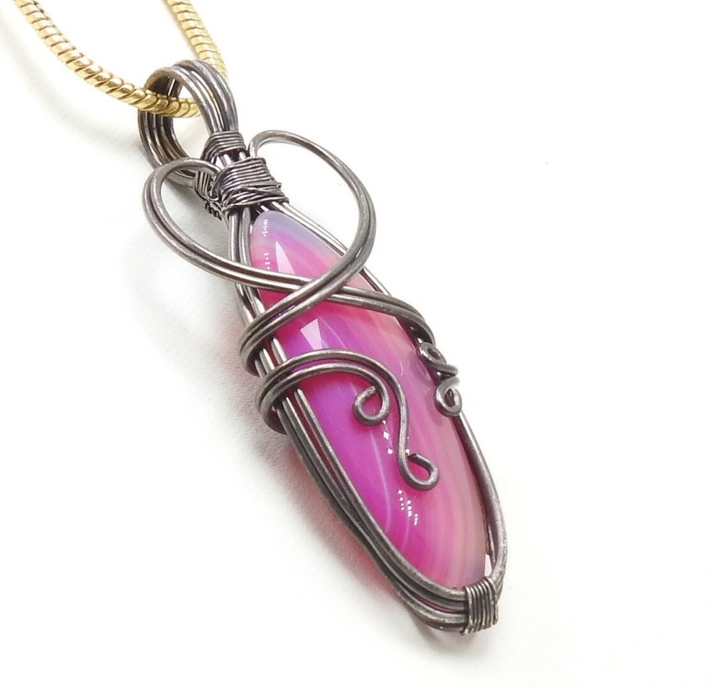 Pink Strip Agate Brass Pendant Silver Oxidised Polished Wire Wrapped Jewelry