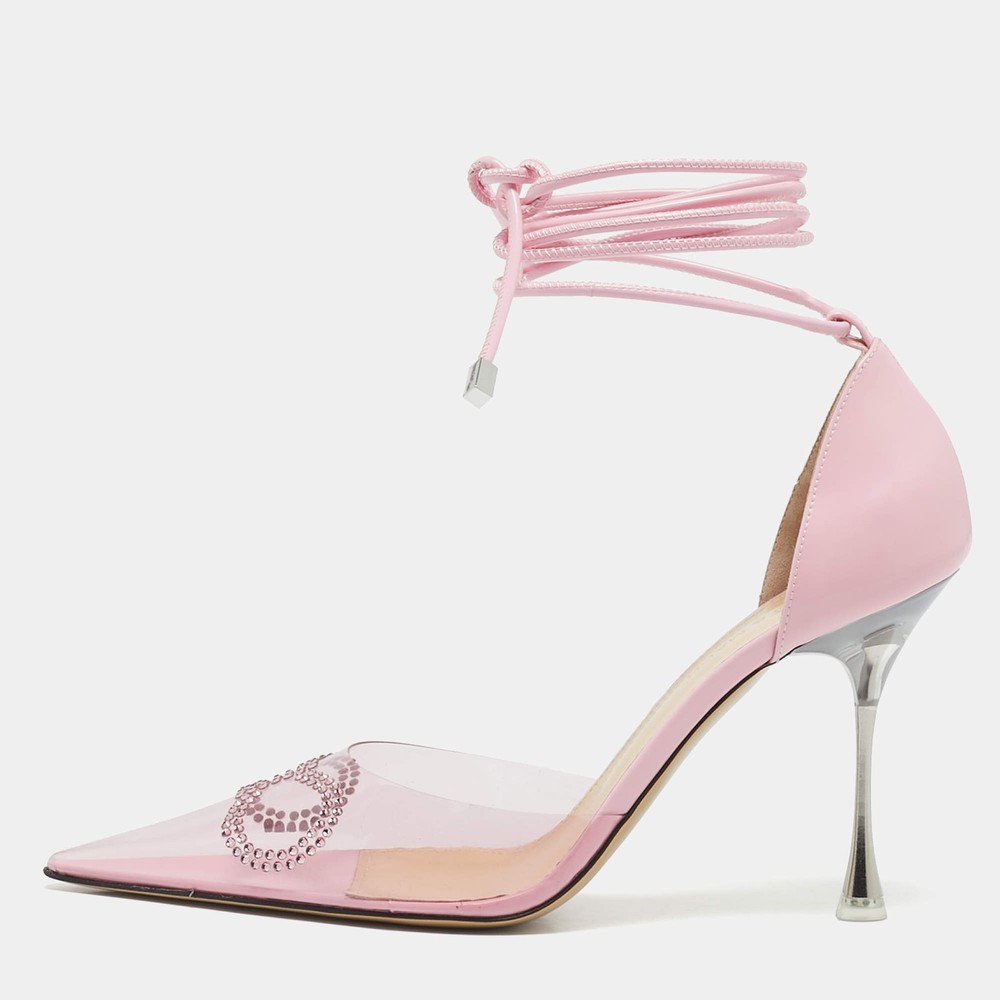 Mach Mach Pink Leather and PVC Crystal Embellished Bow Ankle Tie Pumps Size 395