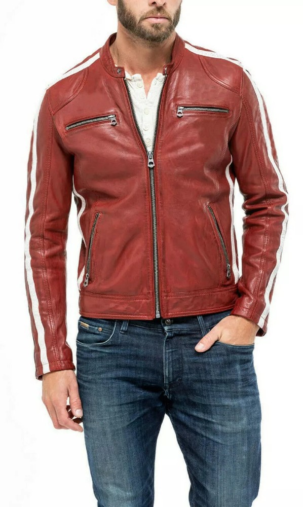 Men's Slim Fit Biker 100% Genuine Lambskin Leather Jacket Striped Sleeves Casual
