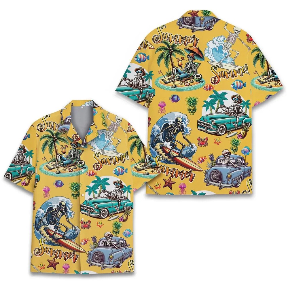Skeletons Surfing Hawaiian Shirt , Button Down Full Size S-5XL