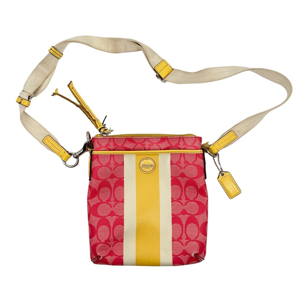 Vintage y2k Coach Signature Stripe PVC Swingpack Crossbody Bag Pink/Yellow