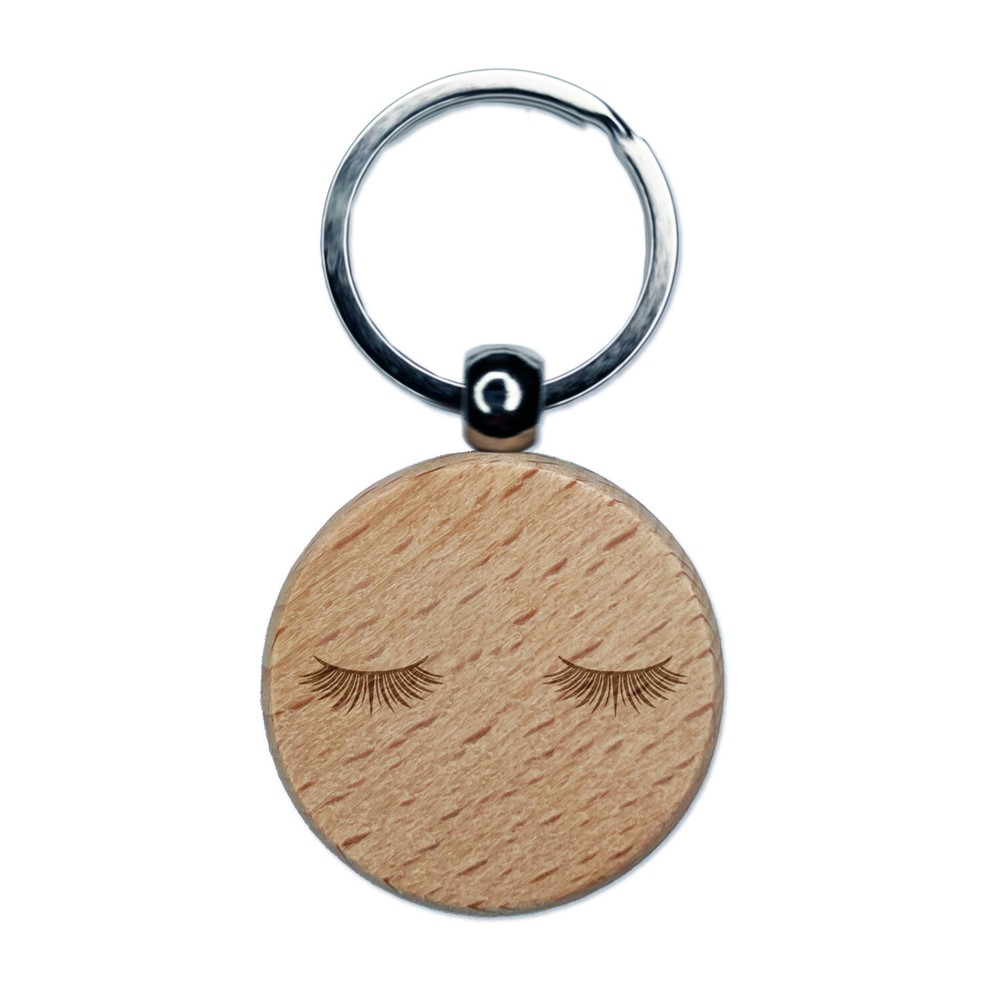 Cute Detailed Eyelashes Pair Engraved Wood Round Keychain Tag Charm