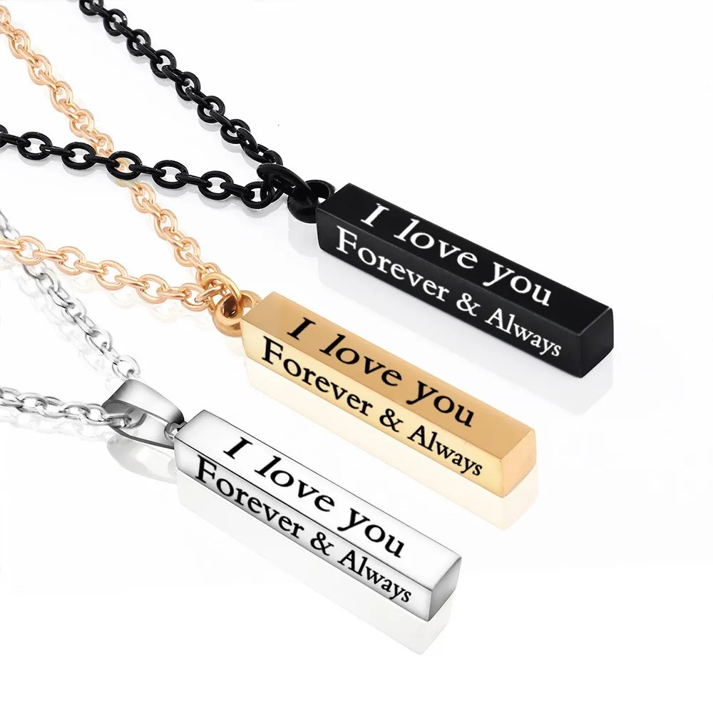 Engraved Love Bar Pendant Necklace - Unisex Stainless Steel Chain