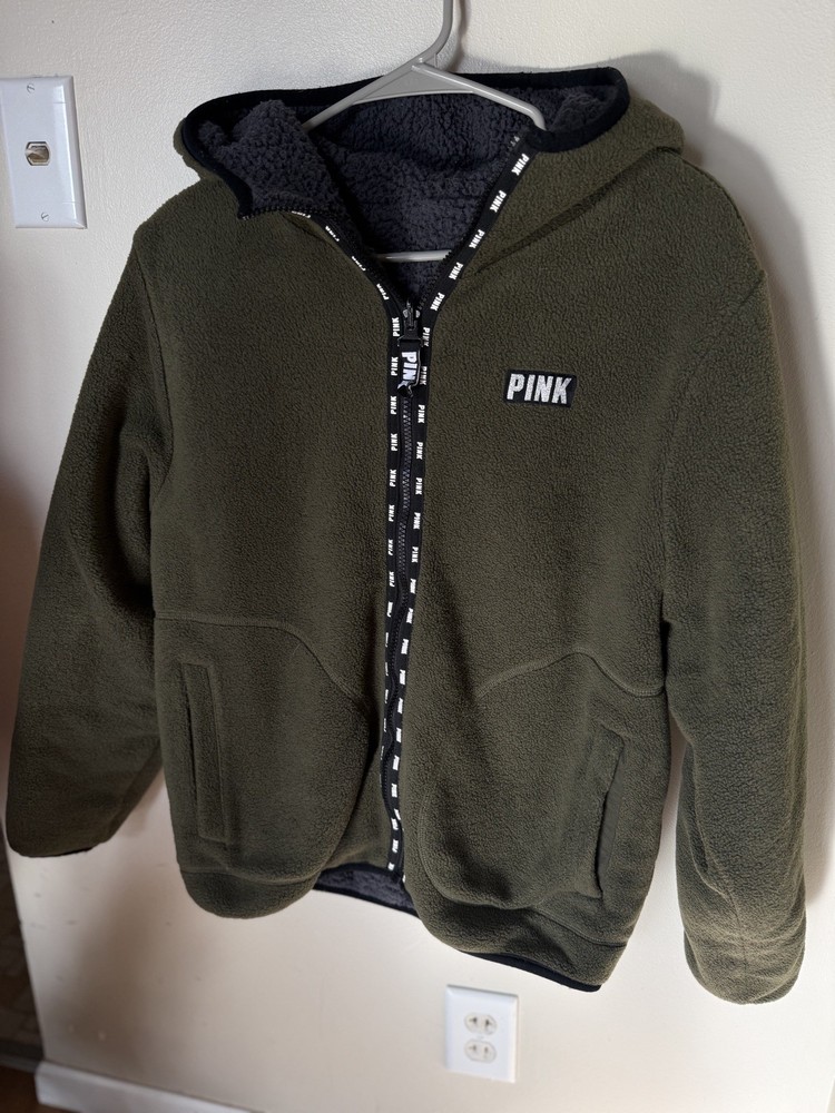 VICTORIA'S SECRET Pink Sherpa Full Zip Reversible Jacket Winter Holiday Hoodie L