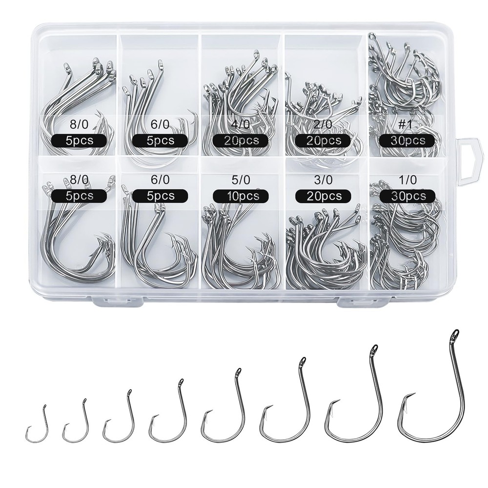 150PCS Circle Hooks, High Carbon Steel Fishing Hooks, Sizes #1 to 8/0