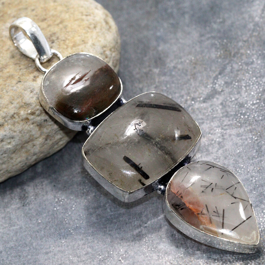 925 Silver Plated Natural Black Rutile Long Pendant Jewelry Size 3.2