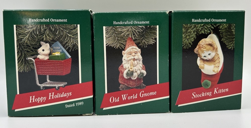 3 Hallmark Keepsake 1989 Hoppy Holidays  Old World Gnome  Stocking Kitten Vtg