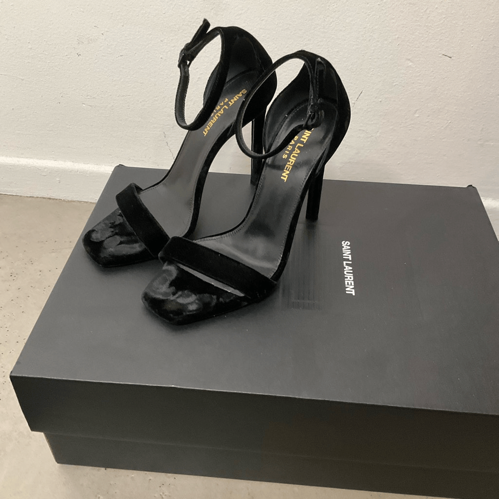 Saint Laurent black velvet open toe high heels