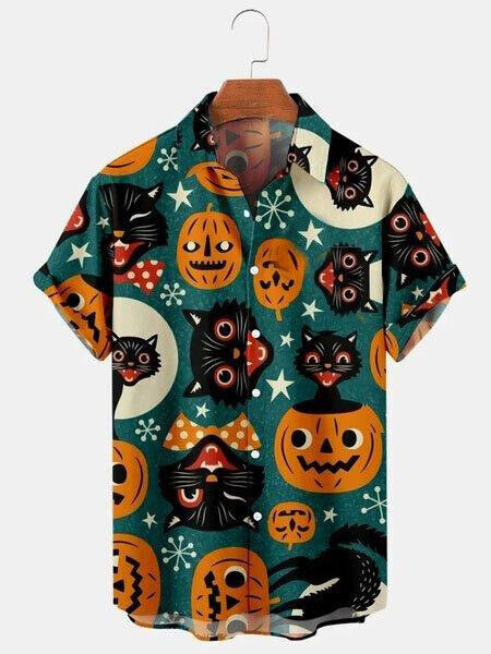 Halloween Pumpkin Black Cat Hawaiian Shirt 3D With Pockets S 5XL