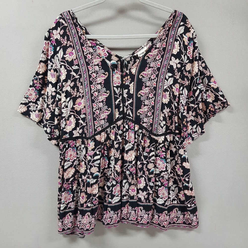 Romantic Gypsy Top Womens 1X Floral Black Flutter Sleeve Boho Bohemian Hippie