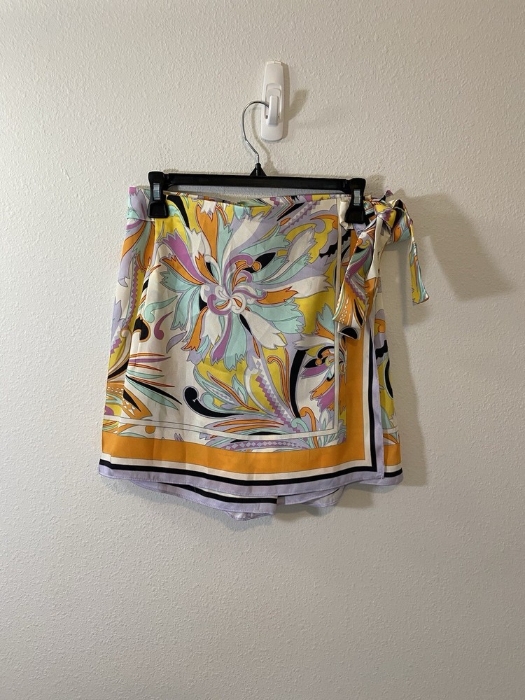 ZARA Floral Scarf Print Skirt Large Skort Shorts Multicolor Womens Belted Satin