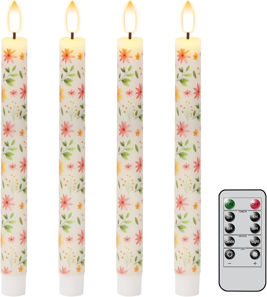 Flicker-effect flameless taper candles with remote timer, 4-pack real wax battery-operated LED lights