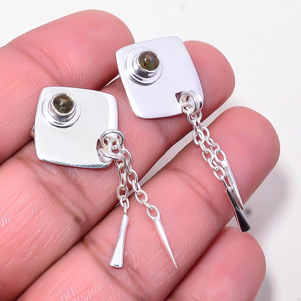 Olive Green Tourmaline - Brazil Gemstone 925 Sterling Silver Earring 1.72