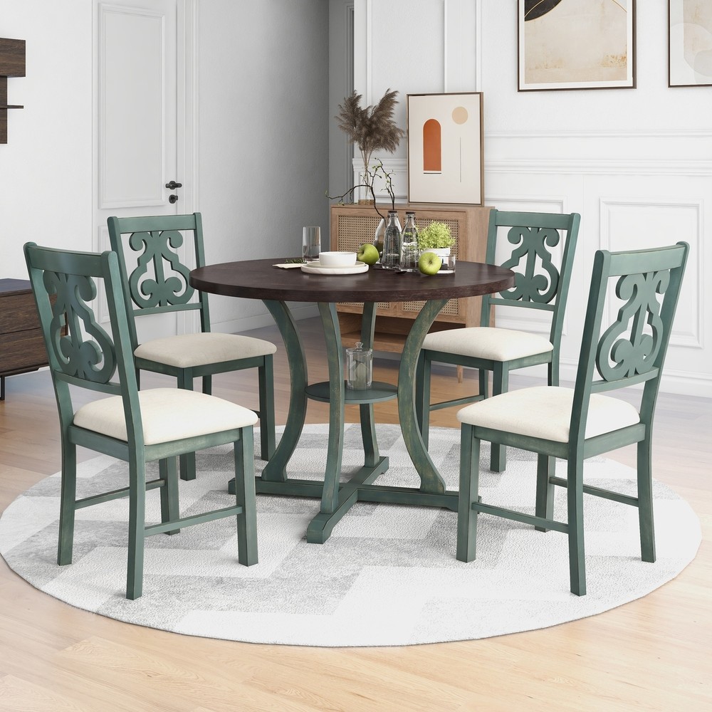 5-Piece Round Dining Table and 4 Fabric Chairs with