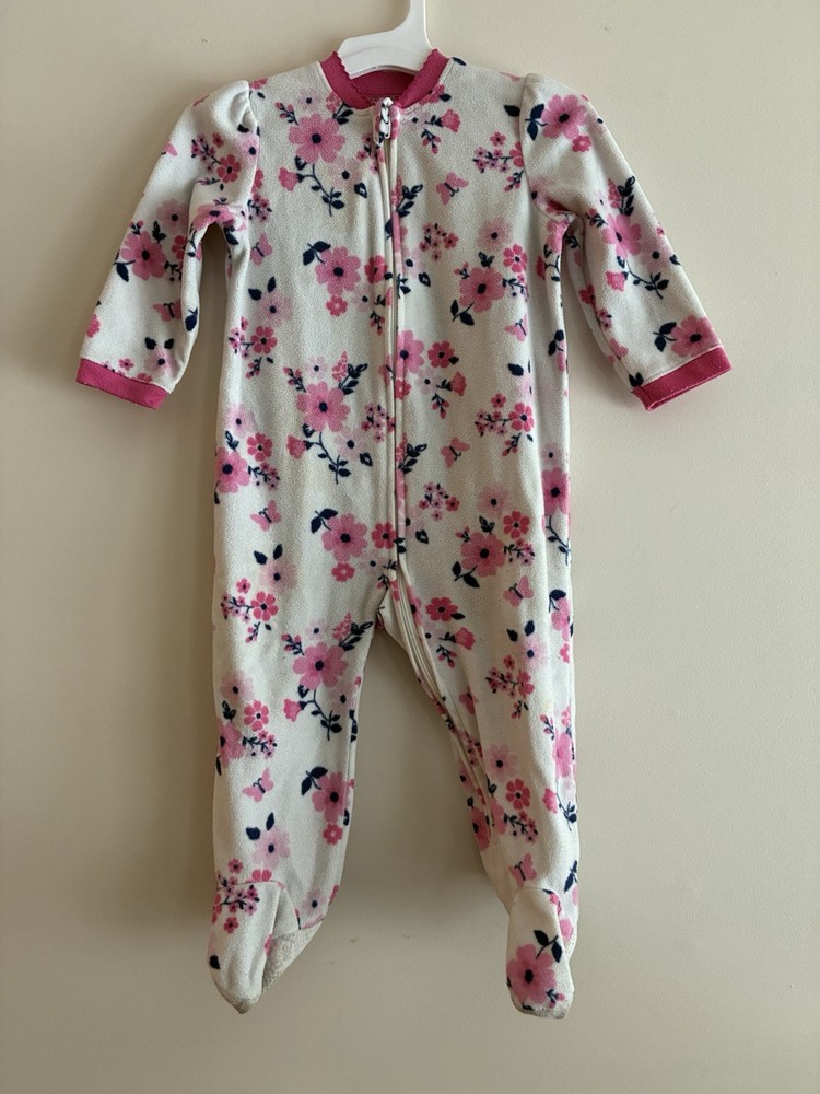 Little Me Baby Girls 1-Piece Pink Floral Fleece Zip-Up Long Sleeve PJs White 18M