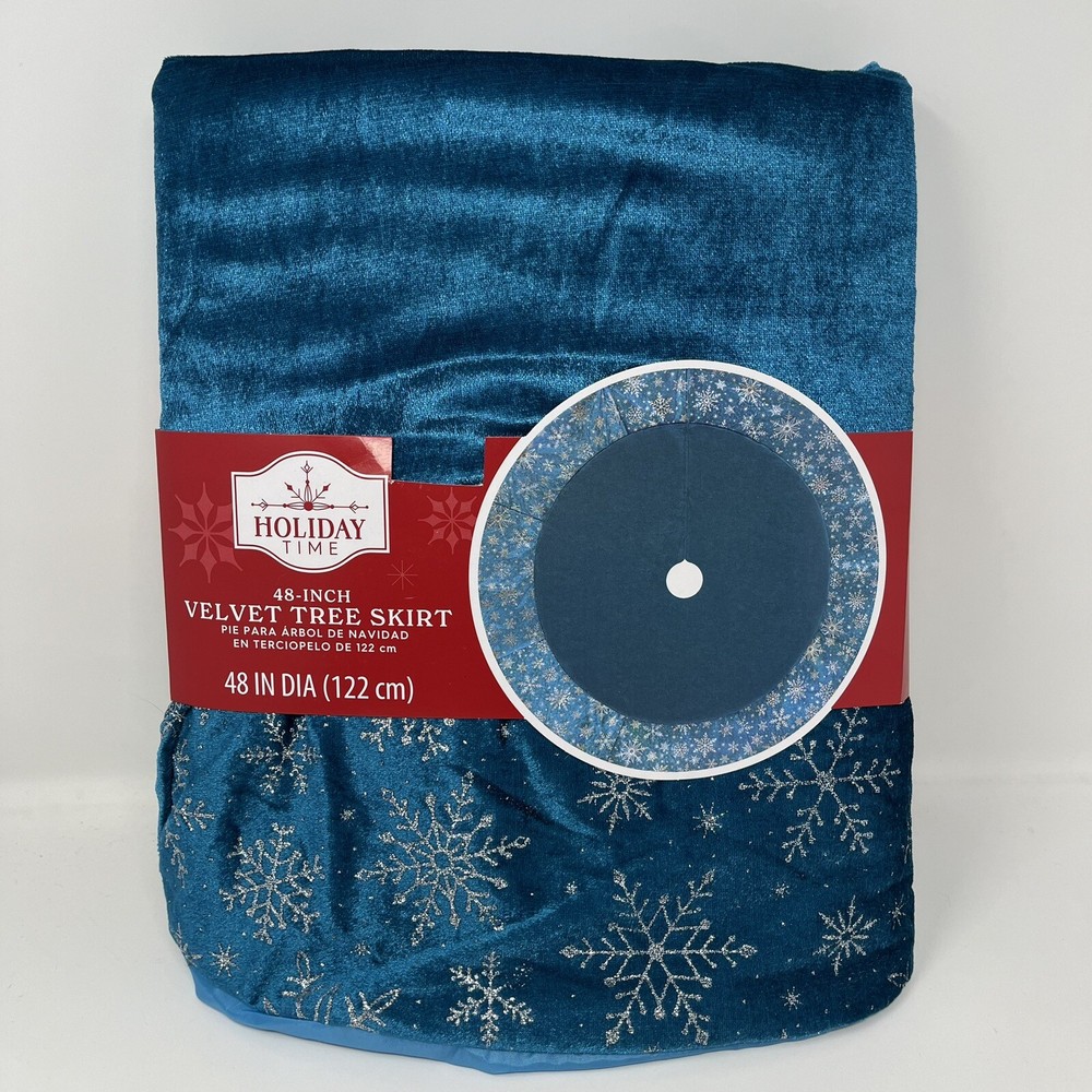Holiday Time Turquoise Velvet Tree Skirt Silver Snowflake Edge 48 Inch Christmas