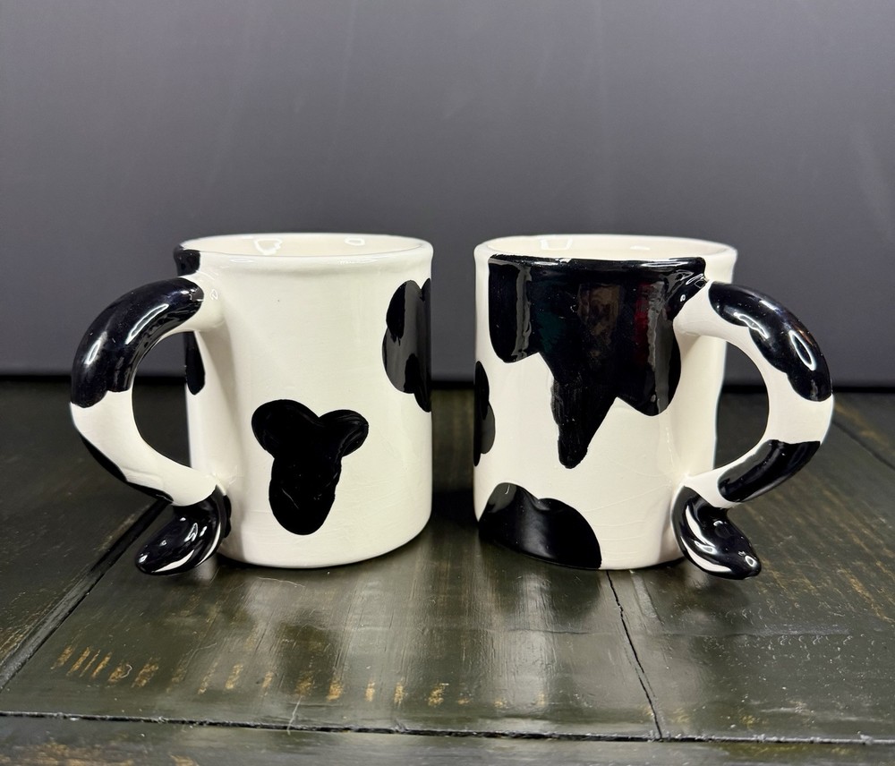 Cow Mugs-Set of  Two Classic Black & White Cow Print Cute Handle Signed