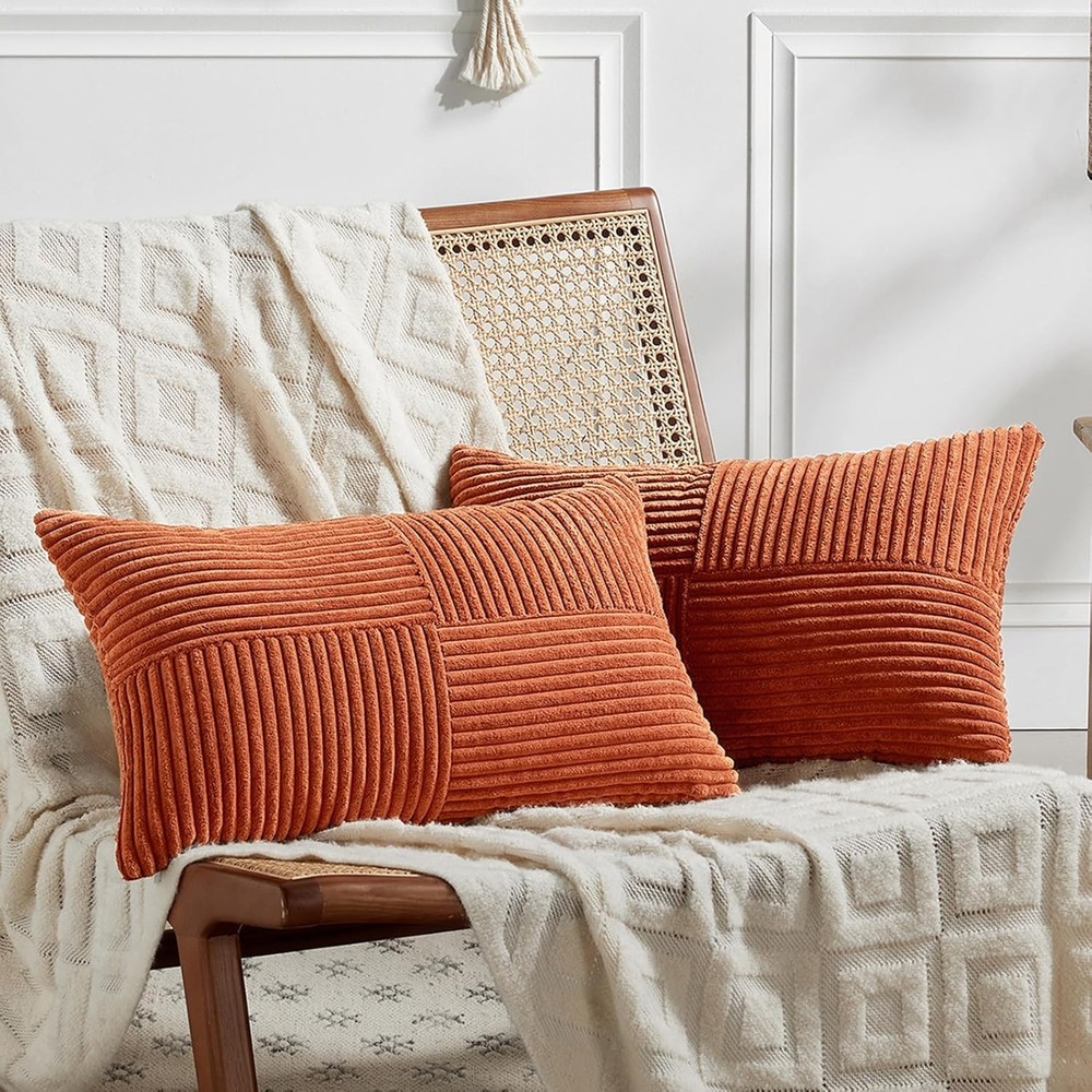 Set of 2 Burnt Orange Lumbar Decorative Throw Pillow Covers 12x20 Inch