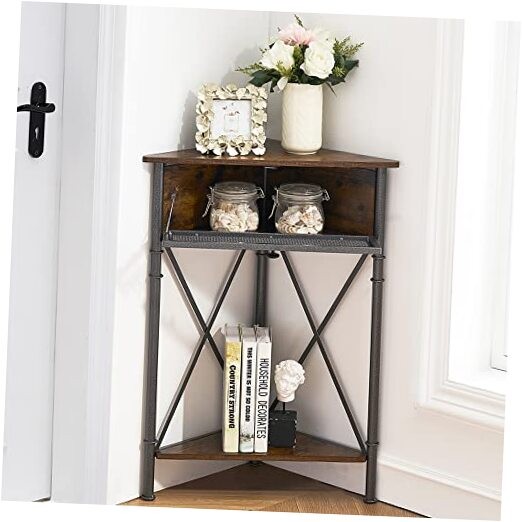 3-Tier Brown Corner Cabinet with Display Shelves and Tabletop