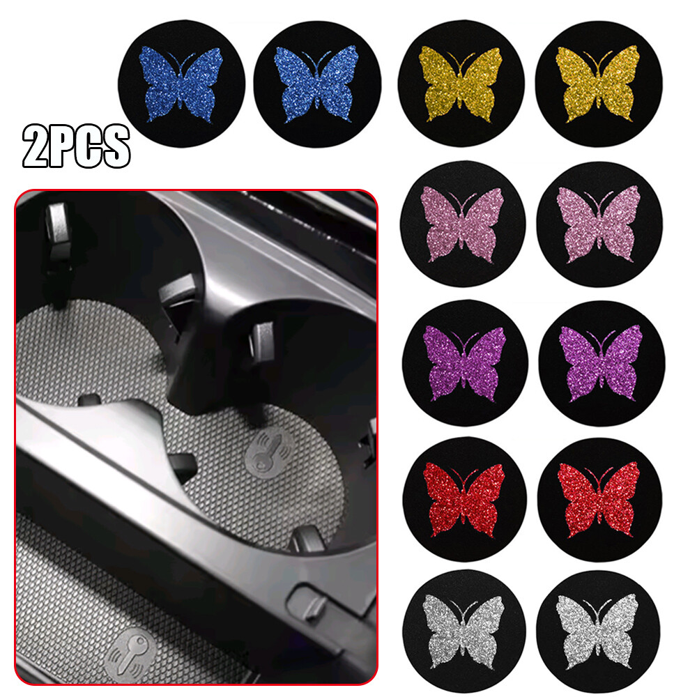 2x Butterflies Glitter Car Water Cup Pads Coaster Slot Mat Accessories Universal