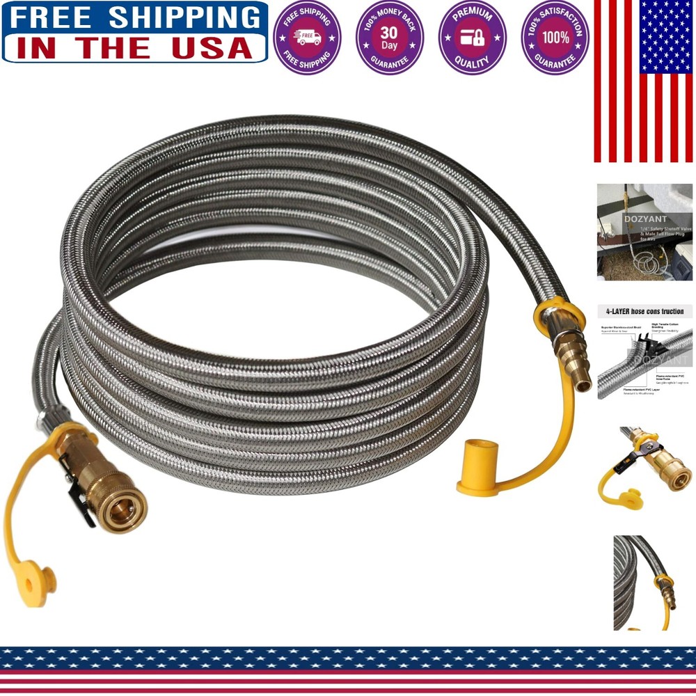 12ft Stainless Braided RV Quick Connect Propane Hose with Safety Shutoff Valve