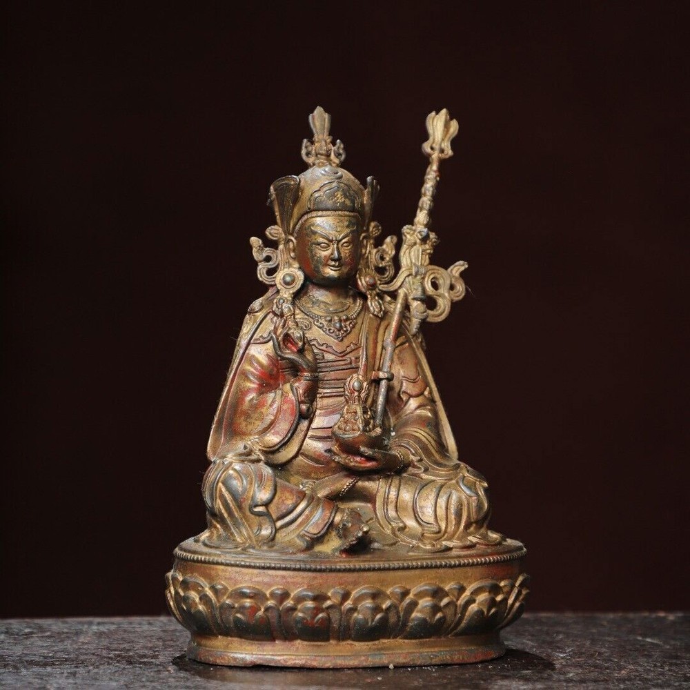 8-inch Antique Tibetan Buddhism Bronze Gilt Padmasambhava Statue