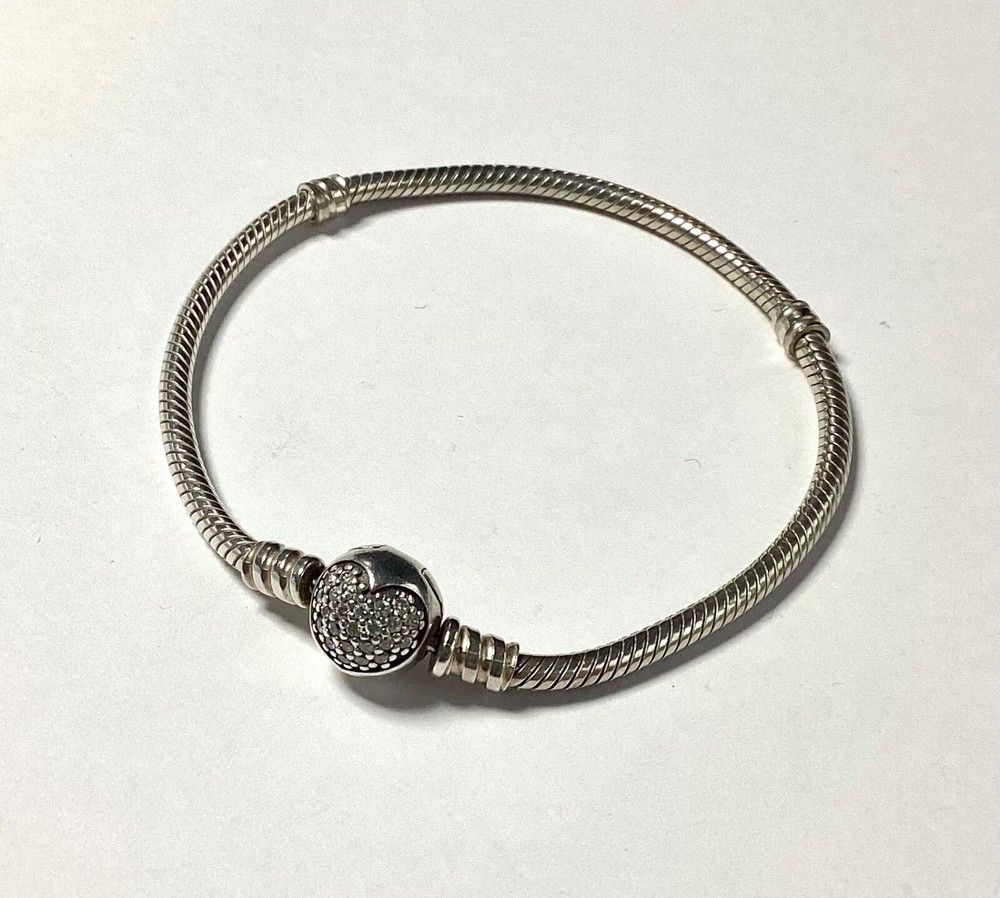 Pandora Sparkling Heart Clasp Silver Bracelet 19cm VGC Pave CZ