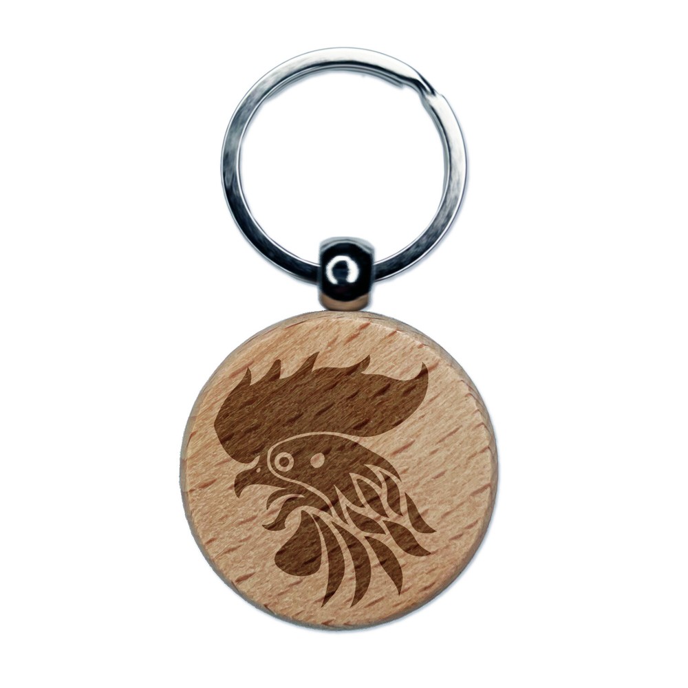 Dije de etiqueta de llavero redondo con cabeza de gallo salvaje grabado en madera