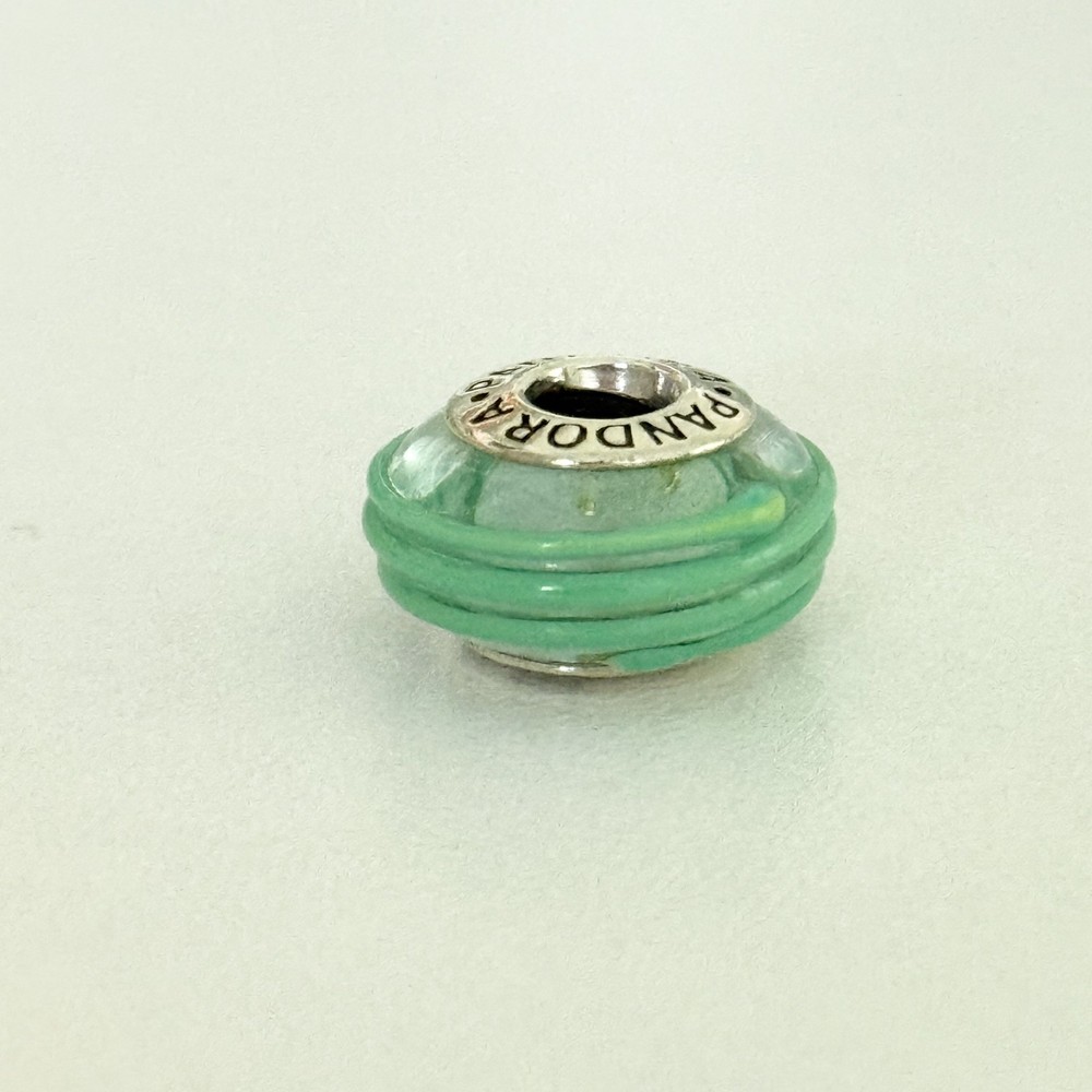 Pandora 925 Sterling Silver Green Ribbon Murano Glass Retired Bead Charm