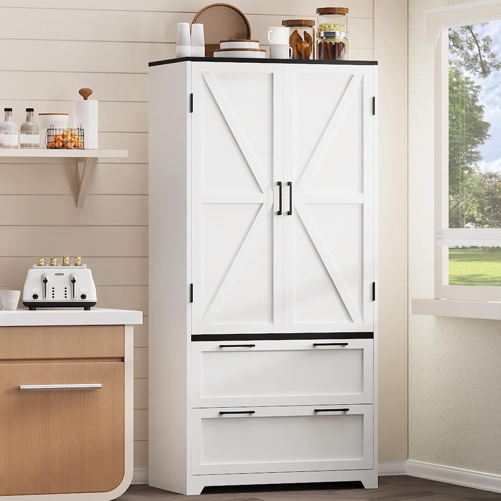 71 Inch Farmhouse Kitchen Pantry Storage Cabinet with Adjustable Shelves