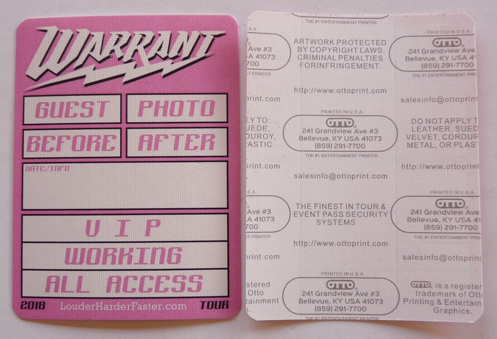 Warrant 2018 Louder Harder Concert Tour Pink Multi Backstage Pass D15